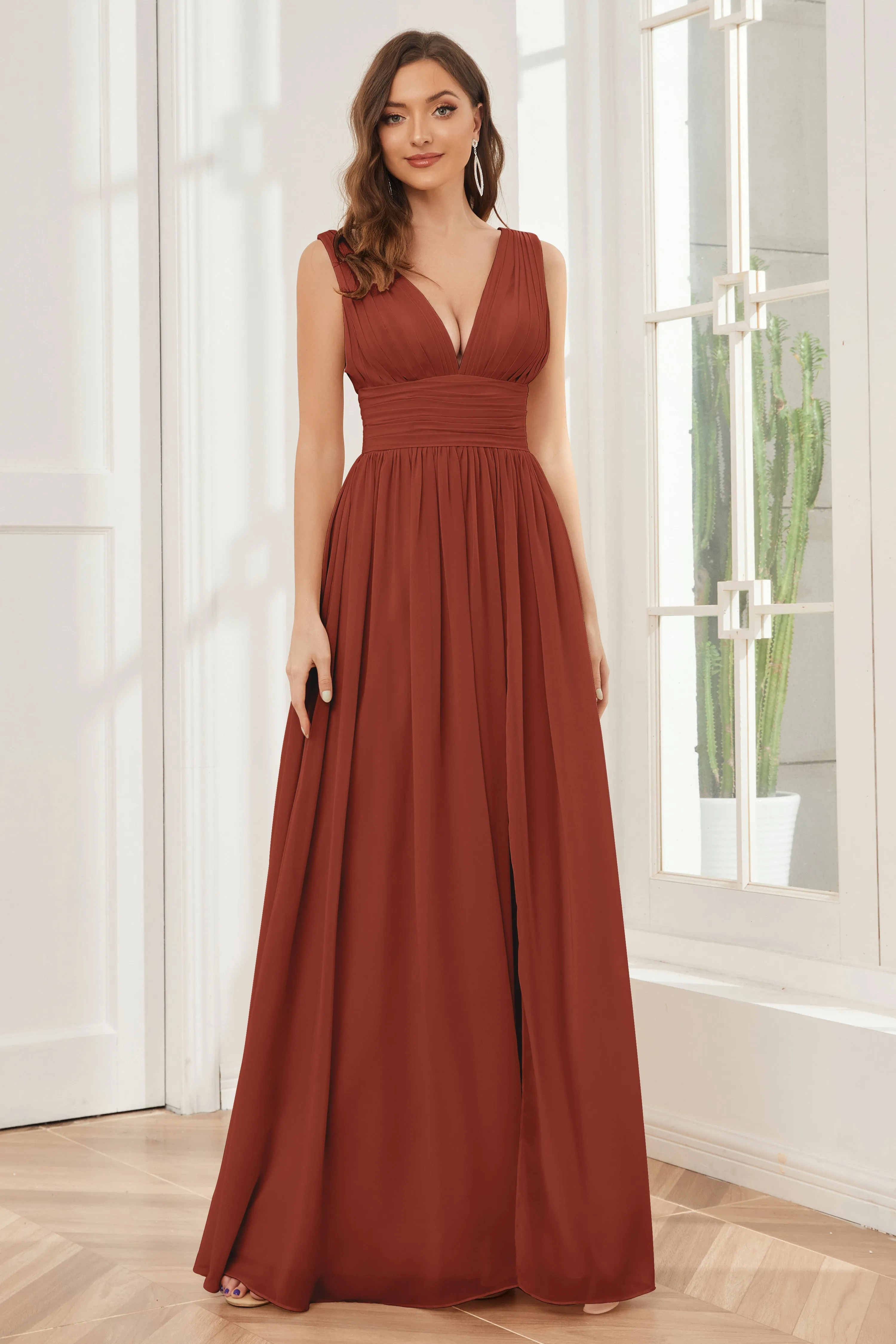 V-neck Split Chiffon Long Bridesmaid Dresses