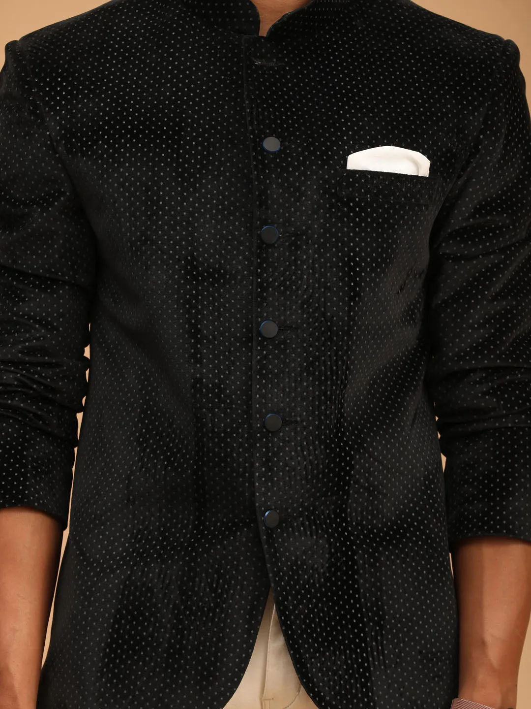 VASTRAMAY Black Polka Dot Printed Velvet Jodhpuri Baap beta Set