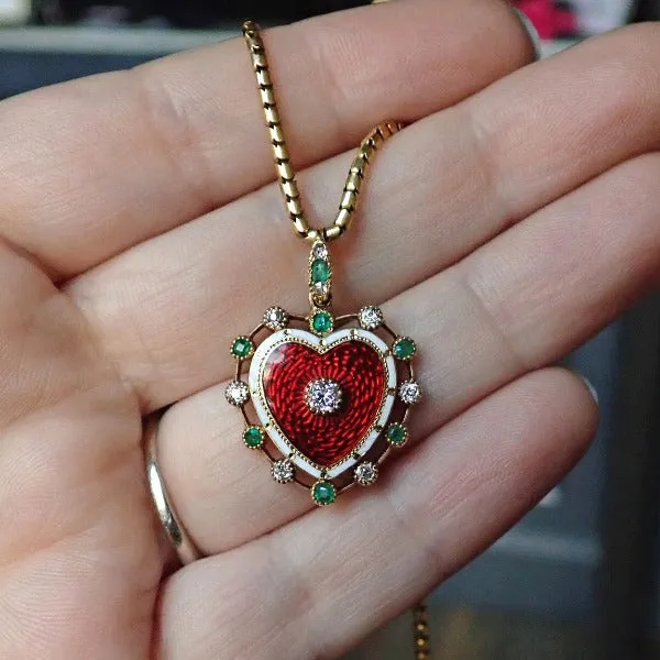 Victorian Diamond, Emerald & Enamel Heart Locket Pendant